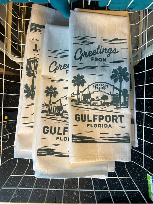 B Greetings from Gulfport Florida — Gulfport Casino Handprinted 18×28 Flour Sack Towel