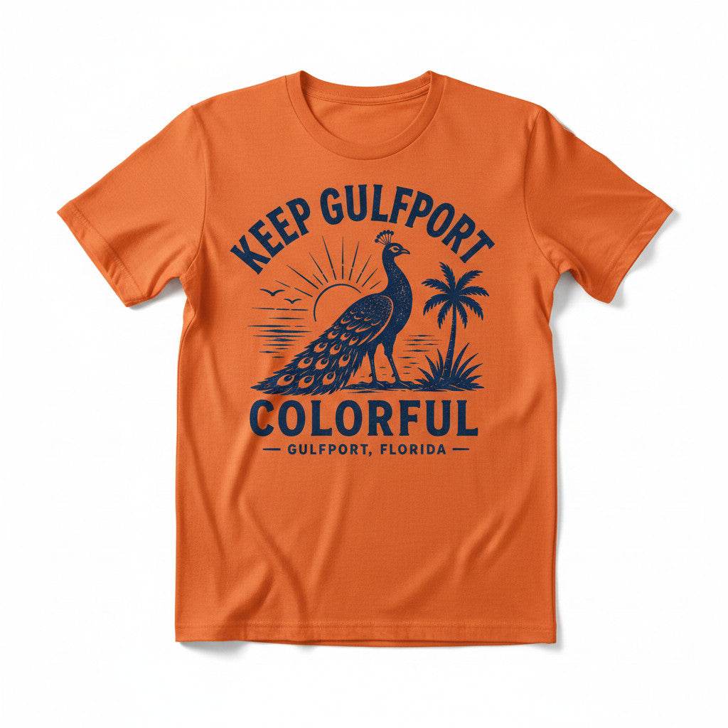 Keep Gulfport Colorful Peacock Unisex T-Shirt — Gulfport, Florida