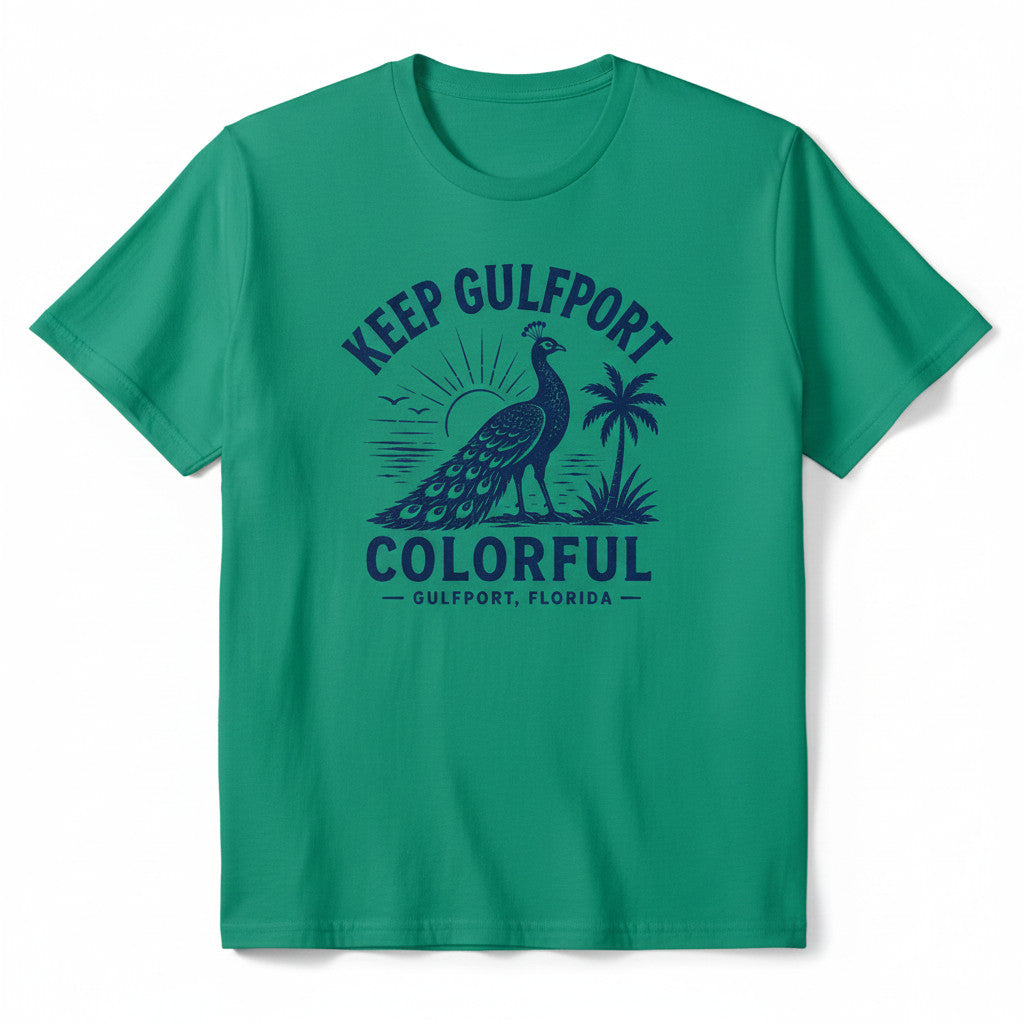 Keep Gulfport Colorful Peacock Unisex T-Shirt — Gulfport, Florida
