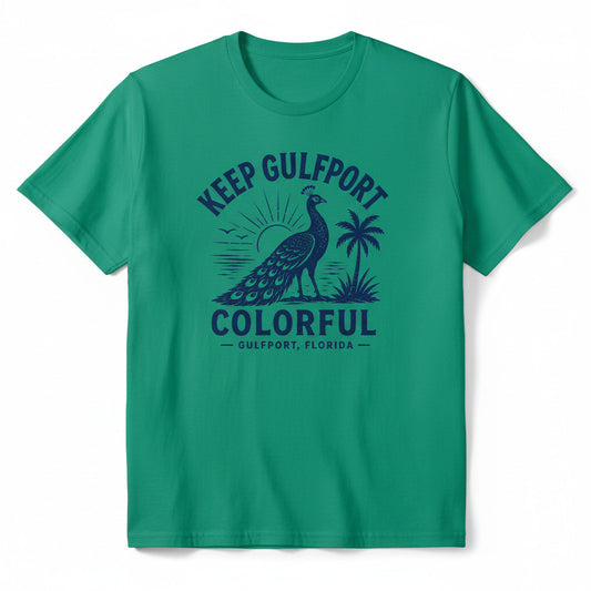 Keep Gulfport Colorful Peacock Unisex T-Shirt — Gulfport, Florida