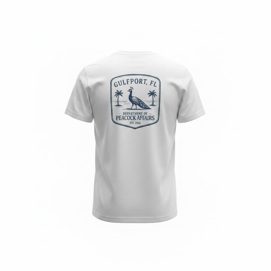 Gulfport Department of Peacock Affairs Peacock Unisex T-Shirt — Gulfport, Florida